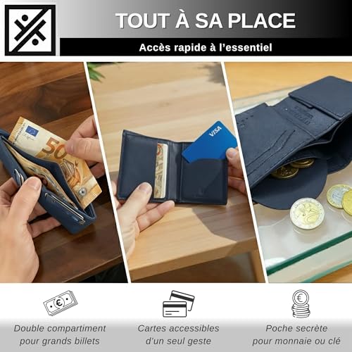 DYKANBO Porte Feuille pour Homme Cuir - Portefeuilles et Porte-Cartes Homme - Porte Carte RFID Protection Carte Bancaire - Genuine Leather Slim Wallet for Men - Mini Portefeuille Cuir RFID (Bleu) – vue 6