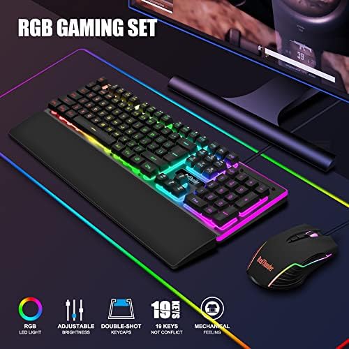 RedThunder K10 Wired Gaming Keyboard and Mouse and Wrist Rest Combo, RGB Backlit, Anti-ghosting Keyboard + 7D 7200 DPI Mice+Soft Leather Wrist Rest 3 in 1 PC Gamer Accessories(Black) - 1