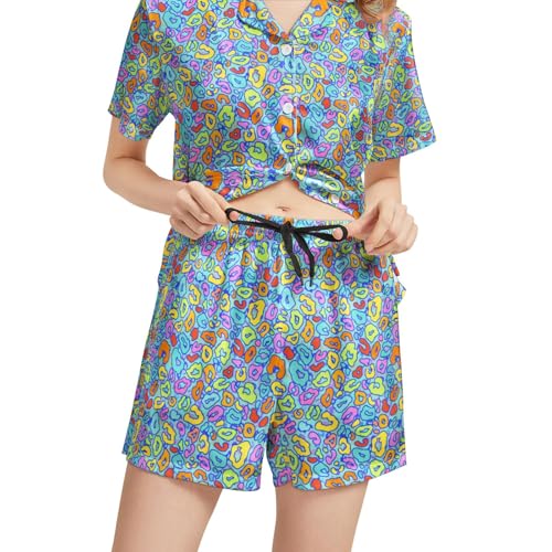 Image of Funny Pajamas for Women Set Print Satin Loungewear Pjs Short Sleeve Button Down Top and Shorts Sets Sleepwear XS-3XL