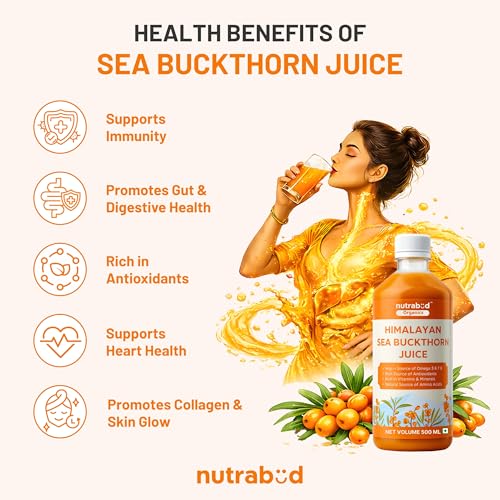 Image of Nutrabud Organics Himalayan Sea Buckthorn Berry Juice - 500 ml - Natural Source of Vitamin C, Omega 3 6 7 9, Antioxidants For Immunity, Skin Glow & Gut Health - 50 Glasses (500ml (Pack of 1))