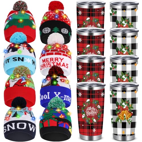 Sliner 16 Pcs Christmas Light up Hats and Tumbler Gifts Set Unisex Winter Beanie Caps and 20 oz Stainless Steel Xmas Insulated Cups with Lid and Straw Holidays Party Favor for Families Lovers Friends