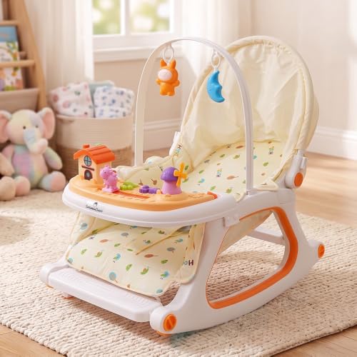 Image of StarandDaisy Dreamy Baby Rocker Chair with Play Tray, Mosquito Net & Toy Bar | Adjustable Recline, 3-Point Safety Harness | Infant Rocking Seat, Feeding Chair for Newborns & Toddlers 0-3 Years (Beige)