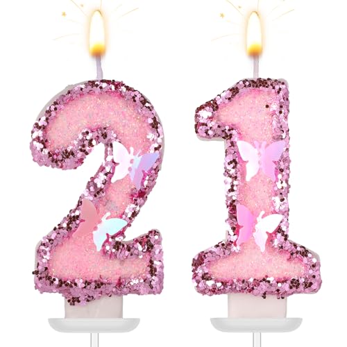 Girls Birthday Number 21 Candles 2.95in Glitter Butterfly Happy Birthday Cake Toppers Pink Sequins Wedding Numeral Cupcake Decorations for Anniversary Celebration Party Supplies (21th)