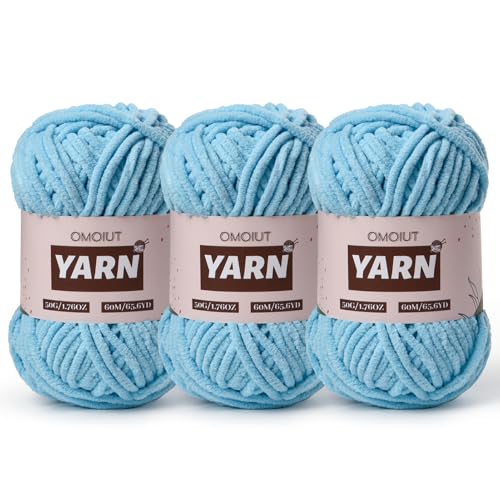 Image of 3 Packs Plush Chenille Chunky Crochet Yarn - Baby Yarn for Crocheting Soft - Velvet Yarns Knitting for Blankets Crafts - Fluffy Amigurumi Yarns 150g / 196.8yds (3 Azure)