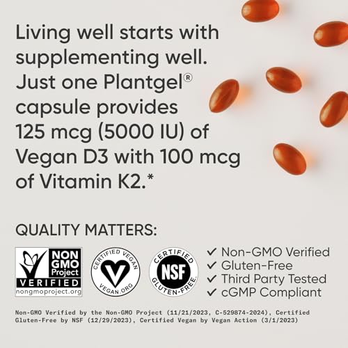 Sports Research® Vitamin D3 + K2 w/ Coconut Oil - Vegan Vitamin D 5000iu & Mk7 Vitamin K 100mcg for Bone & Immune Support - Vegan Certified · Non-GMO · Soy Free - 60 Softgels - Image 5
