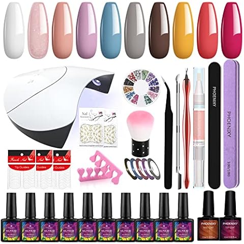 Gel Nail Polish Kit, Phoenixy 10 Colours Gel Nail Polish Set with 36W UV LED Nail Lamp Soak Off Gel Nail Kits Base and Top Coat Manicure Tools Starter Kit for Beginner Nail Gift Kit for Woman Cover