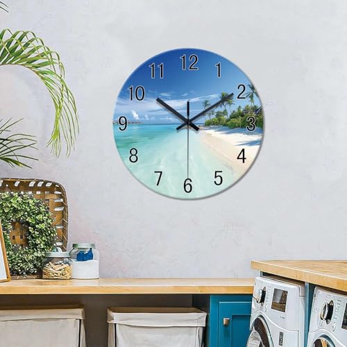Image of XFM Blue Beach Wall Clocks Battery Operated 14 Inch Round Glass | Coastal Nautical Tropical Modern Decorative for Living Room Bedroom Kitchen Office Silent Non Ticking