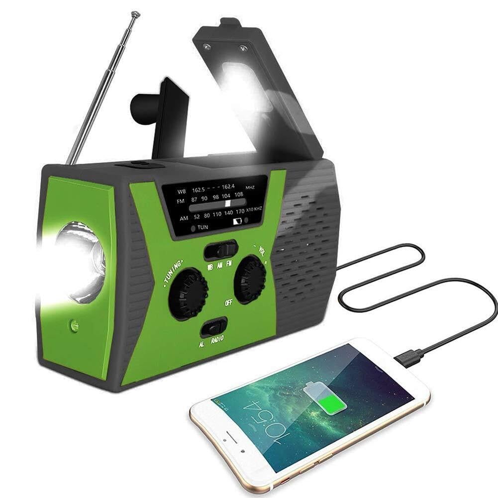 Radio awaryjne, przenośny powerbank 2000 mAh z korbką ręczną, solarnym radiem pogodowym, latarką LED i lampką do czytania, alarm SOS do biwakowania i przetrwania w domu, zielony