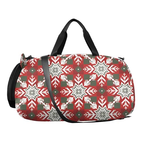 Duffle Bag for Boys or Girls with Shoes Compartment, Pattern Red Christmas Tile Snowflake Sports Travel Bag Overnight2