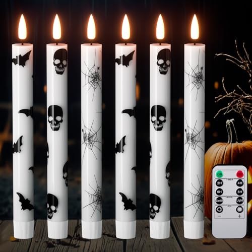 Image of GenSwin Flameless Taper Candles with Remote Timer, 6Pcs LED Flickering Taper Candles Battery Operated Real Wax with Spider Webs /Skull /Bats Decals for Halloween Spooky Decoration (White, 0.78 inchx9.65 inch)