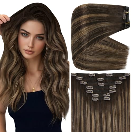 Image of Full Shine Dark Brown Clip in Hair Extensions, 18 Inch 135g 7Pcs | Balayage Dark Brown to Ash Brown Hair Extensions Clip ins, Thick Remy Hair, Full Head Look, Office to Weekend Styles
