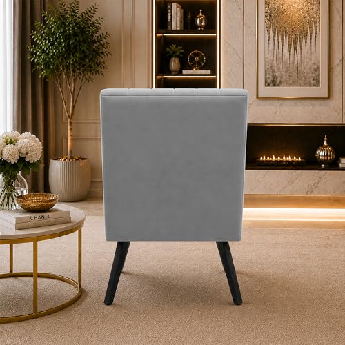 Image of Modern Velvet Accent Chair for Living Room | Upholstered Single Seater Chair with Metal Legs | Comfortable Seating for Bedroom, Office & Guest Room - Grey
