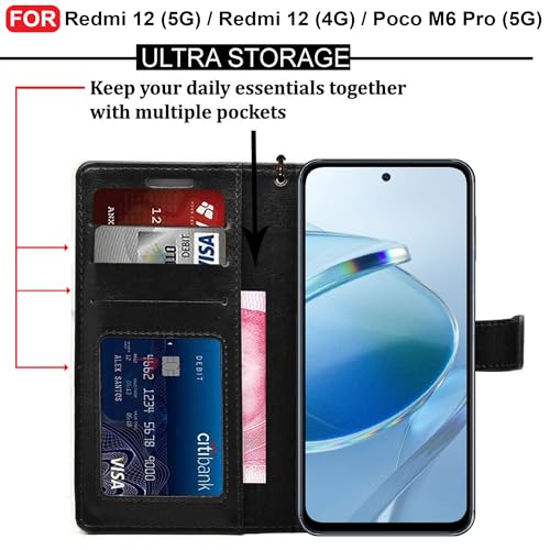 Image of CEDO Flip Cover for Redmi 12 (5G) / Redmi 12 (4G) / Poco M6 Pro (5G) | Leather Finish | Inside Pockets & Inbuilt Stand | Shockproof Wallet Style Magnetic Closure Back Case Flipcover (Black)