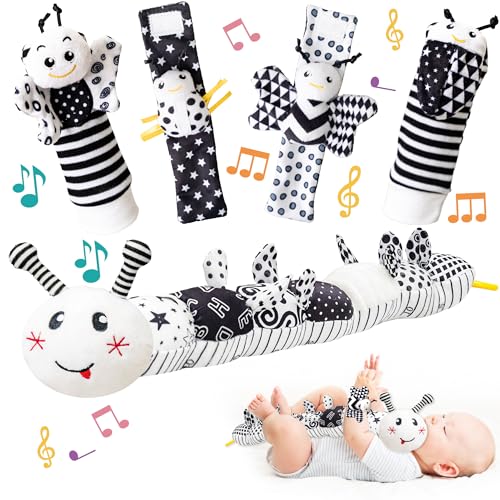 Image of Infant Baby Musical Caterpillar Stuffed Animal Toy & Wrist Rattle Sock,Multi-Sensory Textures,Crinkle,with Ruler and Ring Bel,Educational Development Newborn Tummy Time Toys for 0-12 Month Babies