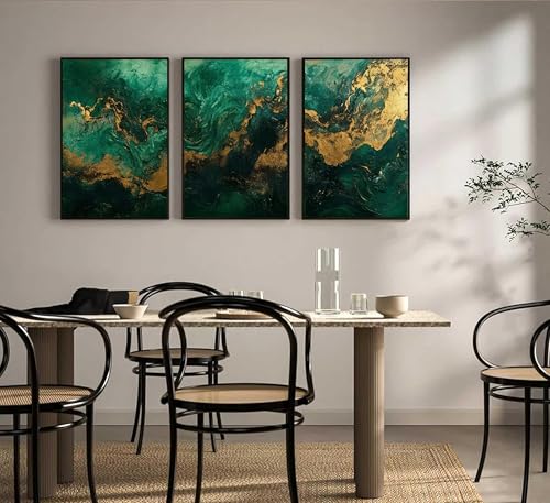 3pcs Emerald Green and Gold Canvas Wall Art Modern Abstract Gorgeous Fluid Marble Paintings Pictures Living Room Wall Decor Posters Print Artwork for Bedroom Bathroom Office Unframed (24L x16W-Poster) — view 2