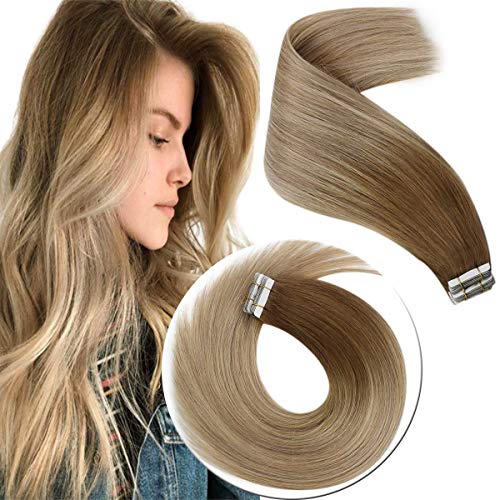 Sunny Balayage Ombre Hair Extensions Tape in Human Hair Extensions Brown Ombre Balayage Ash Blonde with Golden Blonde Balayage Tape in Human Hair Extensions Remy Hair 16inch 20pcs 50g