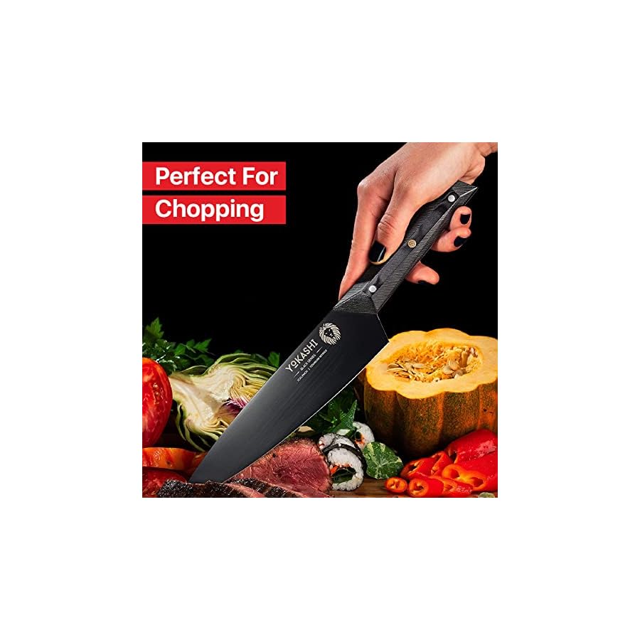 YOKASHI-Chef-Knife-8-inch-Professional-Kitchen-Knife-Black-Titanium-Nitride-Coated-Razor-Sharp-High-Carbon-7CR17MOV-G10-Handle-with-Sheath YOKASHI Chef Knife 8 inch - Black Titanium Nitride Coated Japenese Knife - Razor Sharp 7CR17MOV Carbon Steel - Full Tang Chef's Knife - G10 Alloy Steel Handle - Multi Purpose Kitchen Kinfe - Gift Box