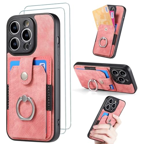 FMPCUON Funda para Vivo V25,con [2X Vidrio Cristal Templado] Tarjetero y 360 Anillo Soporte PC y Silicona TPU Case Rosa Funda de Cuero Tipo Cartera