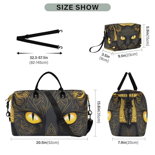 Large Travel Duffel Bag, Black Cat Yellow Eye Sports Tote Gym Bag, Shoulder Weekender Overnight Bag for Women Men, Carry On Luggage with Toiletry Bags3