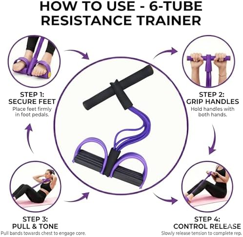 Multi-Function Abdominal Trainer & 6-Tube Elastic Resistance Band with Pedal Puller, Sit-Up Equipment & Bodybuilding Expander, Home Full Body Workout Machine for Yoga, Fitness, Black Purple - 5