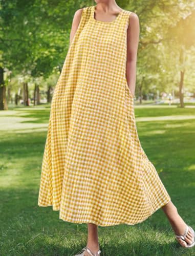 Image of chouyatou Women's Summer Casual Loose-Fit Cotton Plaid Tank Maxi Dress with Pockets Boho Beach Sundress