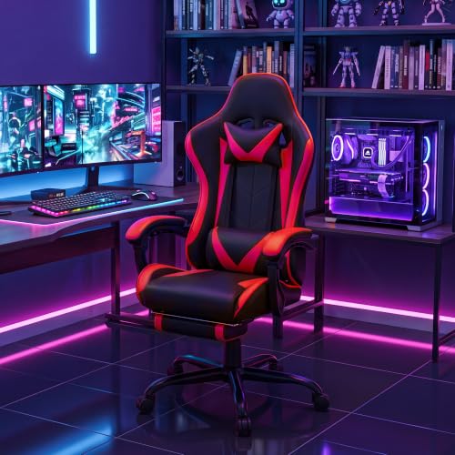 Image of Gaming Chair, Ergonomic Computer Chair with Footrest and Lumbar Support, Height Adjustable Video Game Chair with 360 Swivel Seat and Headrest for Office, Home, Streaming and Gaming (Red)