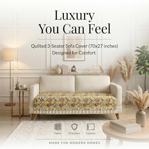Image of BSB HOME Cotton Sofa Cover Throw with Tassels, Soft Breathable Fabric, Printed Couch Cover for Living Room, Lightweight Furniture Protector (27 x 70 Inches / 69 x 178 cm) (Yellow & Olive Green)