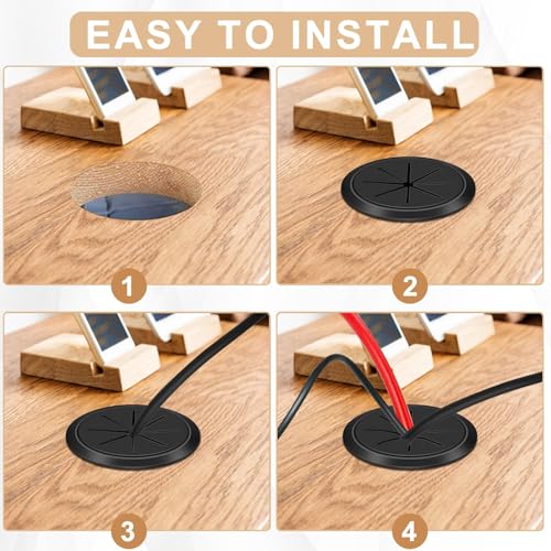 Image of 50 MM Desk Cable Grommets, ABS and Rubber, 4 Pieces, Black | Round 60 MM Covers With 40 MM Cable Opening And Removable Insert For Routing Wires Through Computer Desks And TV Cabinets