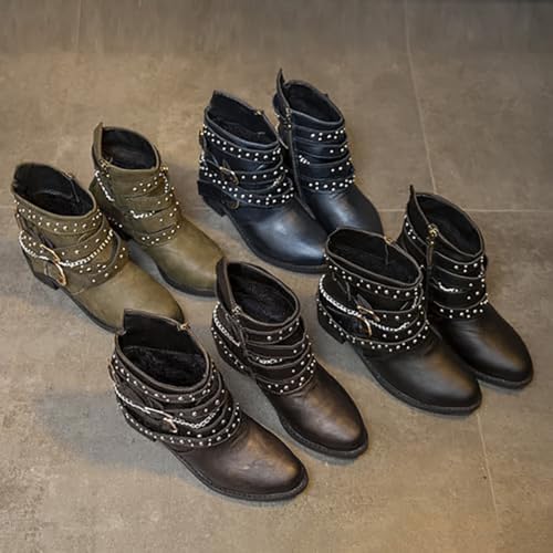 Image of DirraBra Women's Goth Leather Block Heel Ankle Boots Fashion Studded Ankle Strap Trim Punk Boots Winter Side Zipper Motorcycle Short Booties