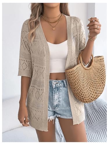 OYOANGLE Women's Crochet Hollow Out Knit Oversized Sweater Top 3/4 Sleeve Lightweight Open Front Cardigan4