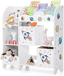 GYMAX Kids Storage Cabinet, Toy and Book Organiser with 2 Non-woven Boxes, 5 Open Shelves and 3-tier Bookshelves, Children Storage Shelf for Playroom, Kids' Room, Living Room (Rocket)