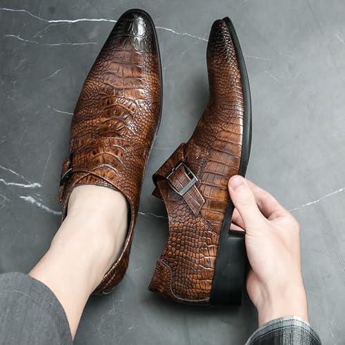 Men's Leather Monk Buckle Pointed-Toe Dress Oxford Shoes, Fashionable Chunky Low Heel Slip-on Low Top Business Formal Loafers for Office Work2