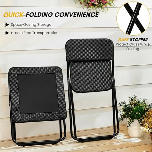 Image of DEVOKO Foldable 3-Piece Outdoor Patio Wicker Furniture Set with Glass Top Table, All-Weather HDPE Rattan, Rustproof Metal Frame for Garden, Balcony & Lawn (Black)