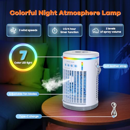 Portable Air Conditioner, 5 in 1 Air Cooler Mini Air Conditioner Fan with Spray & Colorful Night Light, Portable Air Cooler for Home, Office, Travel, Adjustable Wind Speed Spray Mode, 1400ML - Image 6