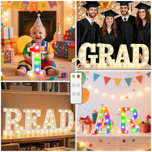 Image of Pooqla LED Light Up Letters, Warm White and Colorful Lighted Marquee Letters with Remote, Lighted Letter for Party Birthday Decorations, Gift for Girls Boys Night Light, Wedding Home Decor, Letter R