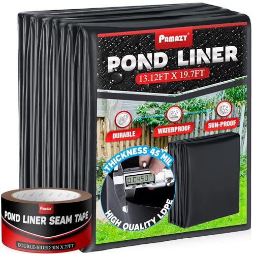 PAMAZY [Premium] 45 Mil LDPE Pond Liner with Seam Tape Pond Lining for Fish Pond Performed Garden Ponds Large Pond Liner for Fishpond Koi Pond Waterfall Streams (13.1 x 19.7FT)