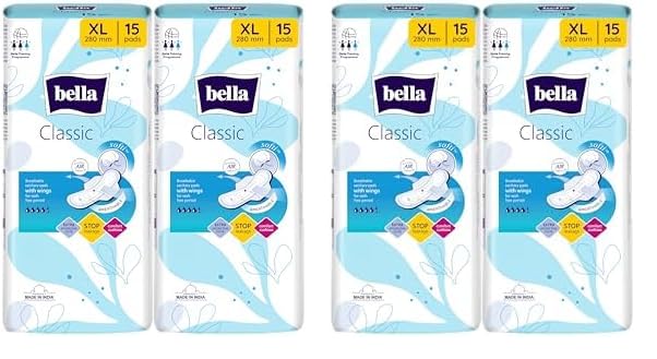 Image of Bella Classic Maxi Softi Pads For Women | Sanitary Napkins | For Sensitive Skin | 28 Cm Long | With Wings | Breathable | For Rash Free Period | Comfort Cussion | Pack Of 4 | 15 Pcs Each