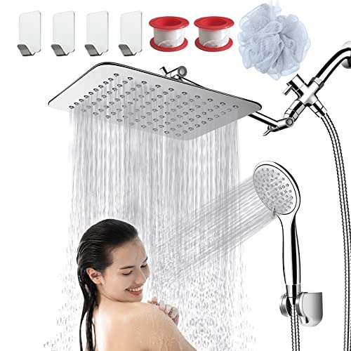 COSYLAND 10'' Rainfall Shower Head with Handheld Combo High Pressure 5 Settings with 11'' Extension Arm 60' Hose, Chrome Finish Bath Shower head, Height/Angle Adjustable, Silver