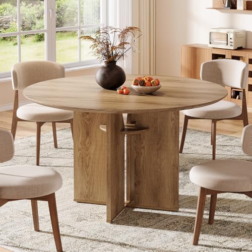 Tribesigns Table de Salle à Manger Ronde 100 cm pour 4 Personnes, Style Campagnard, avec Compartiment de Rangement & Piètement en X – Idéale pour Salle à...