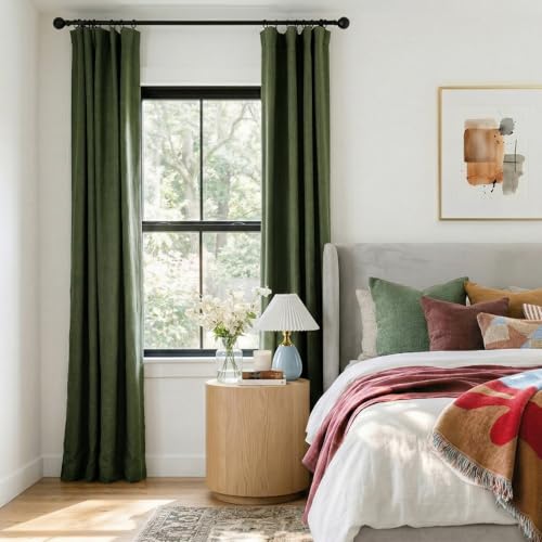 Image of INOVADAY 100% Blackout Curtains for Bedroom, Olive Green Black Out Curtains 80 Inch Long, Clip Rings Linen Blackout Drapes, Thermal Insulated Room Darkening for Living Room, 2 Panels - W50xL80