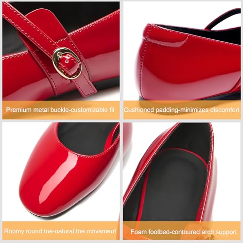Women's Mary Jane Flats Comfortable Round Toe Red Ballet Flats Buckle Slip on Dressy Shoes Casual Office Party3