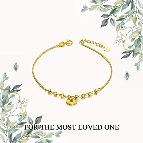 18K Gold Bracelets For Women, Solid Yellow Gold Wheat Chain Beads Bracelet With Seashell Jewelry Anniversary Christmas Gift For Her, 6.5"+1" #TOP6