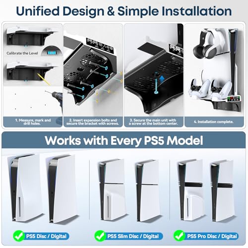Image of PS5 /Slim /Pro Wall Mount Kit with Cooling Fan & Charging Station, PS5 Shelf Floating Mount for All PlayStation 5 /Slim /Pro Disc & Digital Console, PS 5 Wall Bracket Behind TV, PS Five Pro Accessories