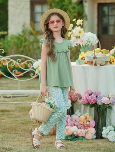 Image of Arshiner Toddler Girls 2-Piece Outfits Ruffle Sleeve Tee & Elastic Waist Pants Kids Summer Clothing Set For 2-10 Years