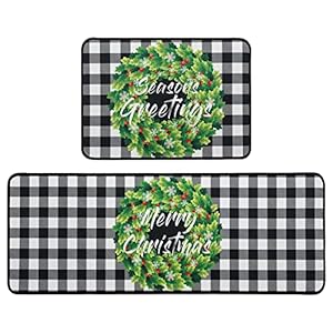 Fuoxowk Weihnachts-Stechpalmen-Kranz-Küchenteppich-Set, Buffalo Plaid Merry Christmas Xmas Winter Holiday Runner…