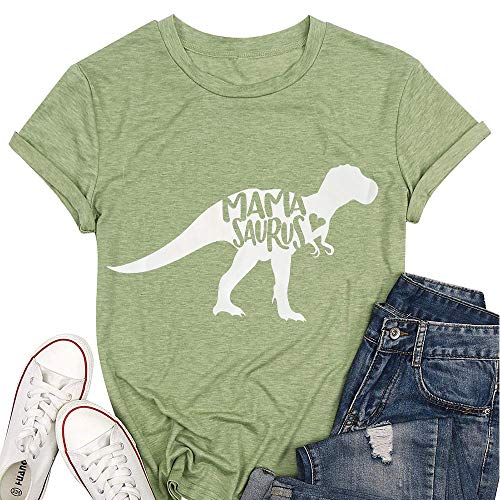 T&Twenties Womens Dinosaur Shirt Mama Saurus Tee Shirt Cute Graphic Print Tees Casual O-Neck Short Sleeve Tee Top Green