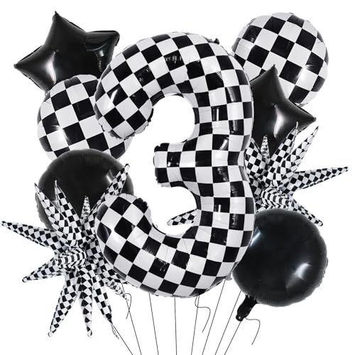 Image of TONIFUL 3rd Birthday Balloons Kit 40 Inch Checkered Number 3 Foil Balloon