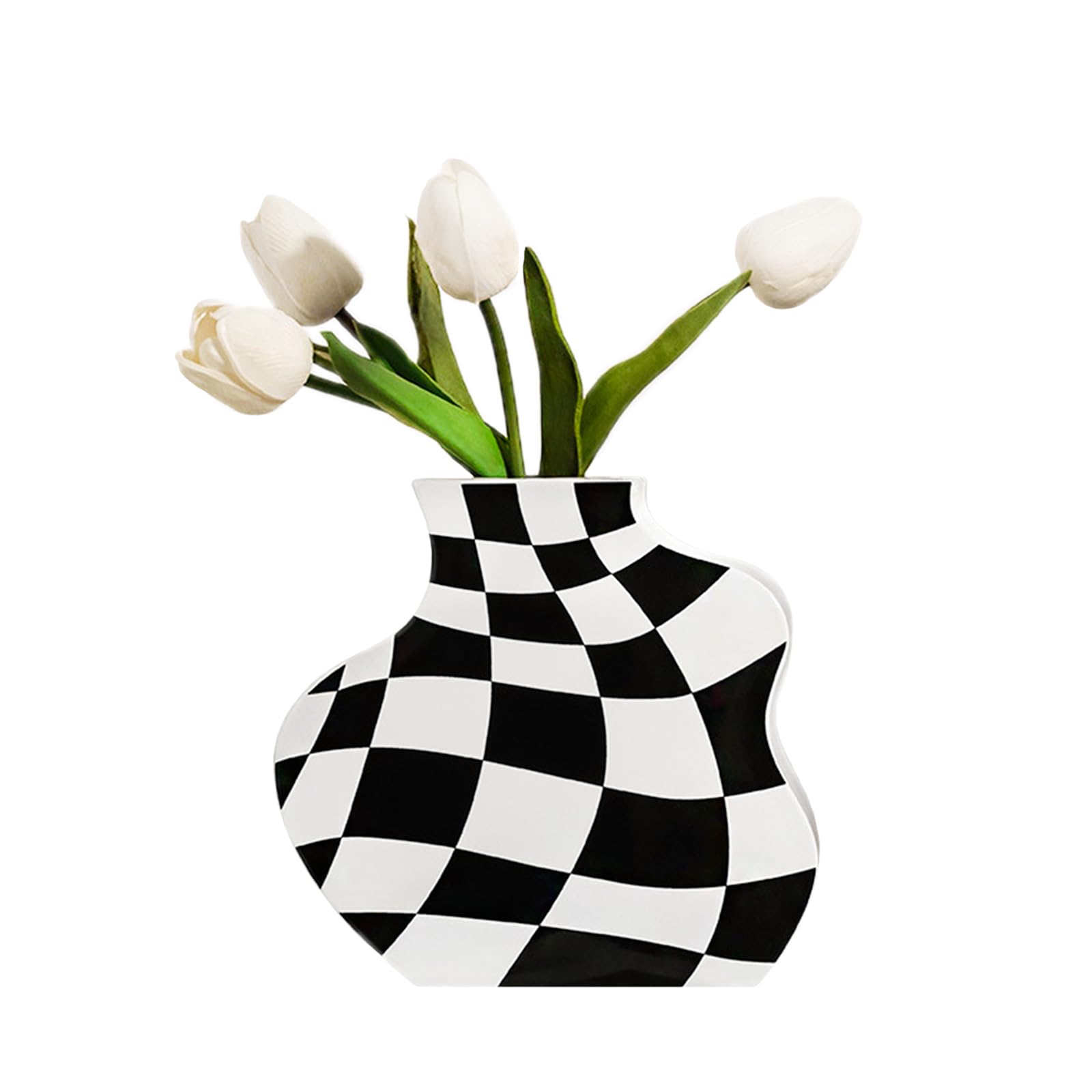 Karierte Vase, Blumenvase Schwarz Weiß, Kleine Deko Vasen Keramik Dekorative Moderne Vasen Geometrische Vase für Tafelaufsätze Wohnzimmer Schlafzimmer Büro Tischdeko Innenbereich (S)