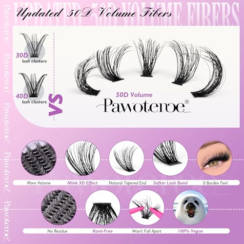 Image of Pawotence Lash Extension Kit DIY Individual Lash Clusters Kit Full 50D with Lash Bond and Seal and Lash Applicator, 9-16mm Clusters Eyelash Extension Kit at Home (Full 50D, 9-16mm, Kit)