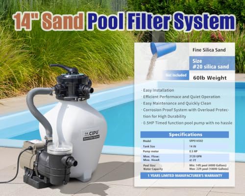 Image of CIPU 14 inch Sand Filter Pump System Handy 6-Way Valve for Above Ground Pools with 0.5HP Prefilter Pool Pump with Timer 115V 25FT Inline GFCI Power Cord for Easy Installation